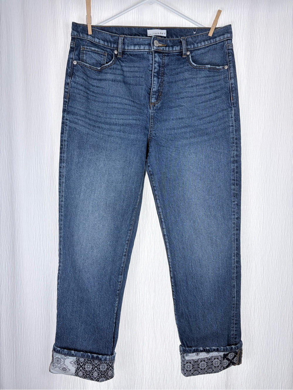 LOFT Dark Blue Straight Crop Jeans with Patterned Cuffs, Size 10 or 30